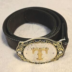 Sz XS BC BELTS "T" Buckle Dark Brown Tooled Leather Western Initial Belt